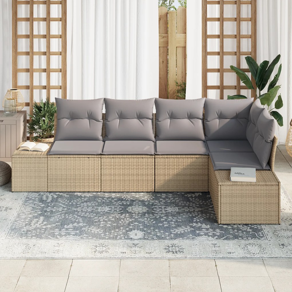 Conjunto de Sofá de Jardim de 5 Peças com Almofadas Beige em Poly Ratt