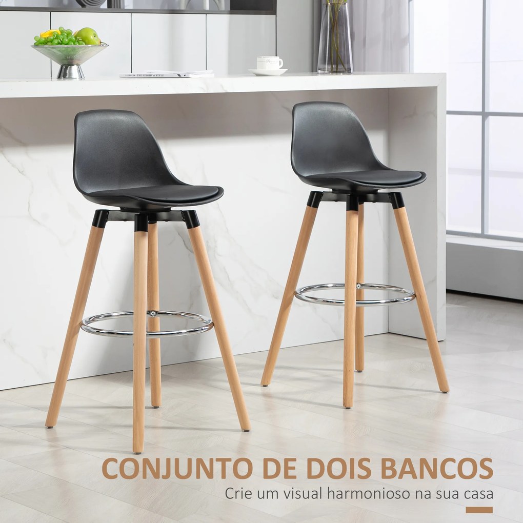 Conjunto de 2 Bancos de Bar Estofado em PU Bancos Altos de Cozinha com Pés de Madeira 38,5x42,5x91 cm Preto