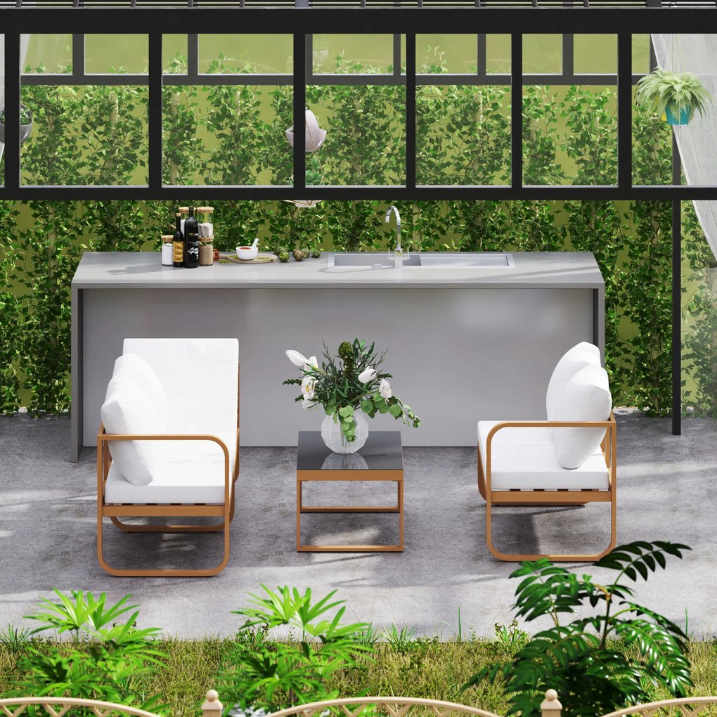 Conjunto de Jardim de 3 Peças com Sofá de 3 Lugares com Assento Ajustável Sofá de 2 Lugares e Mesa de Centro Creme