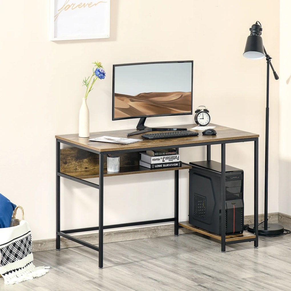 HOMCOM Secretária Estilo Industrial com Prateleiras Estrutura de Metal e Madeira para Estúdio Casa Escritório 120x60x75cm Marrom Rústico