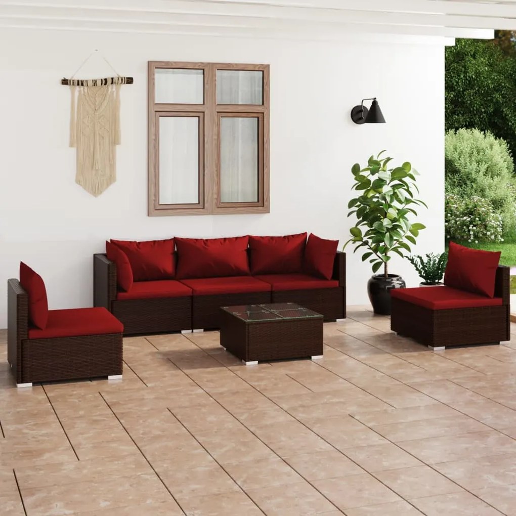 vidaXL 6 pcs conjunto lounge jardim c/ almofadões vime PE castanho