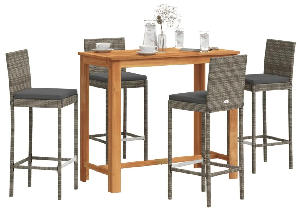 vidaXL 5 pcs conjunto de bar p/ jardim acácia maciça/vime PE cinzento