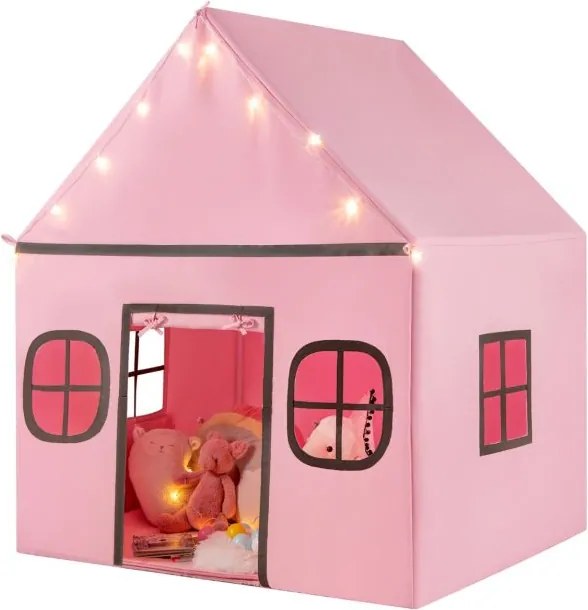 Casa de brincar para crianças para interior 120 x 101 x 143 cm, com luzes de estrelas e tapete acolchoado a partir dos 3 anos Rosa