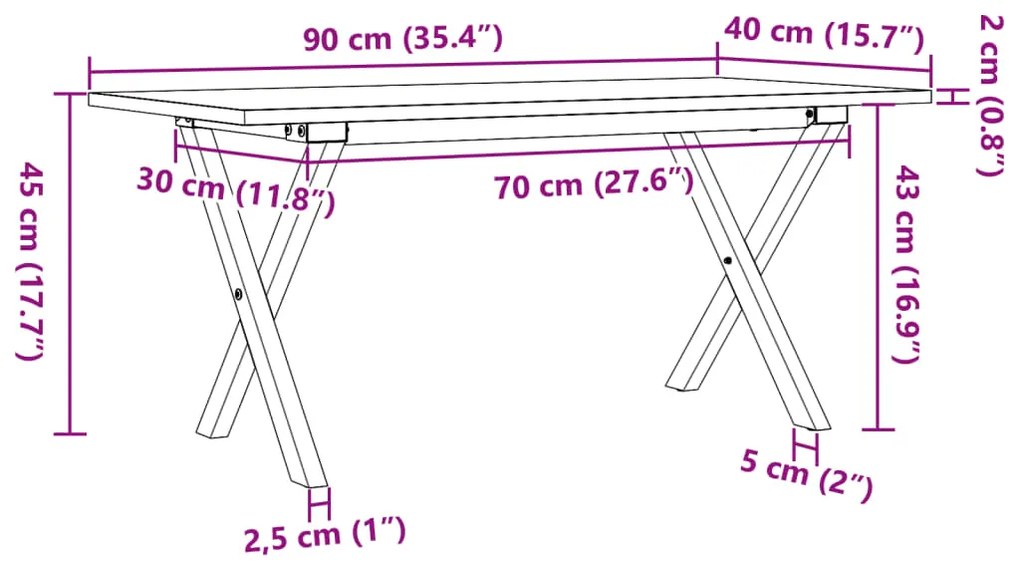 Mesa de centro estrutura em X 90x40x45 cm pinho e ferro fundido