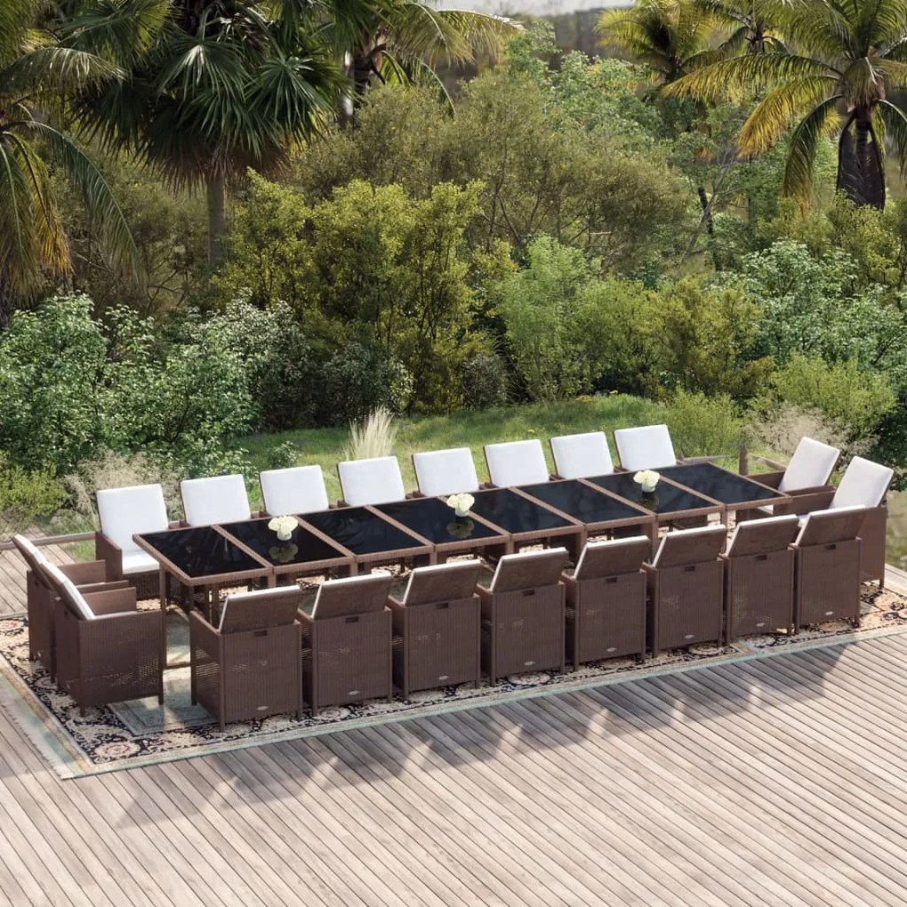 vidaXL 21 pcs conjunto jantar p/ jardim c/ almofadões vime PE castanho