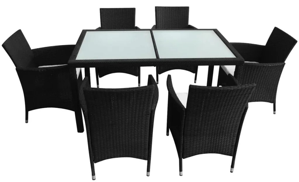7 pcs conjunto jantar exterior com almofadões vime PE preto