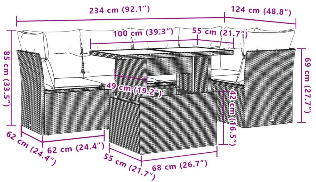 6 pcs conj. sofás jardim com almofadões vime PE cinzento-claro