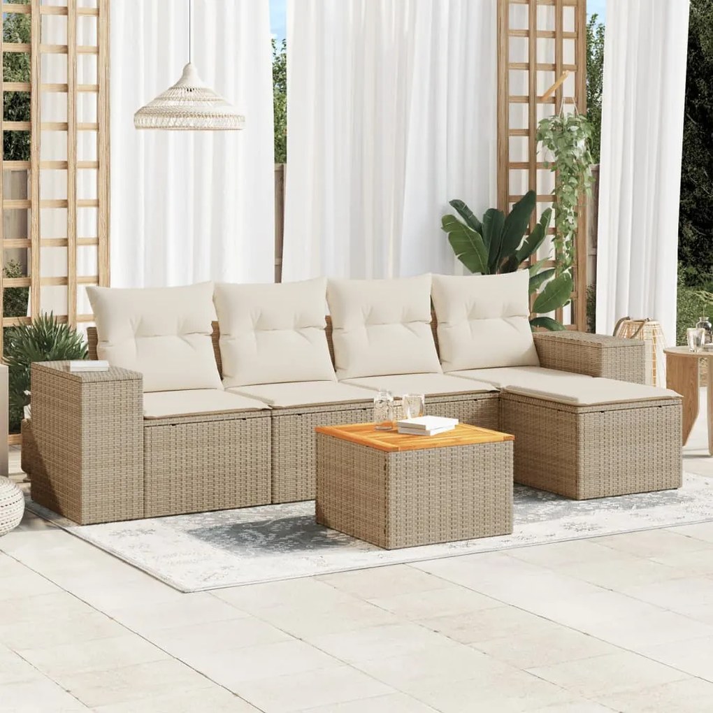 6 pcs conjunto de sofás p/ jardim com almofadões vime PE bege