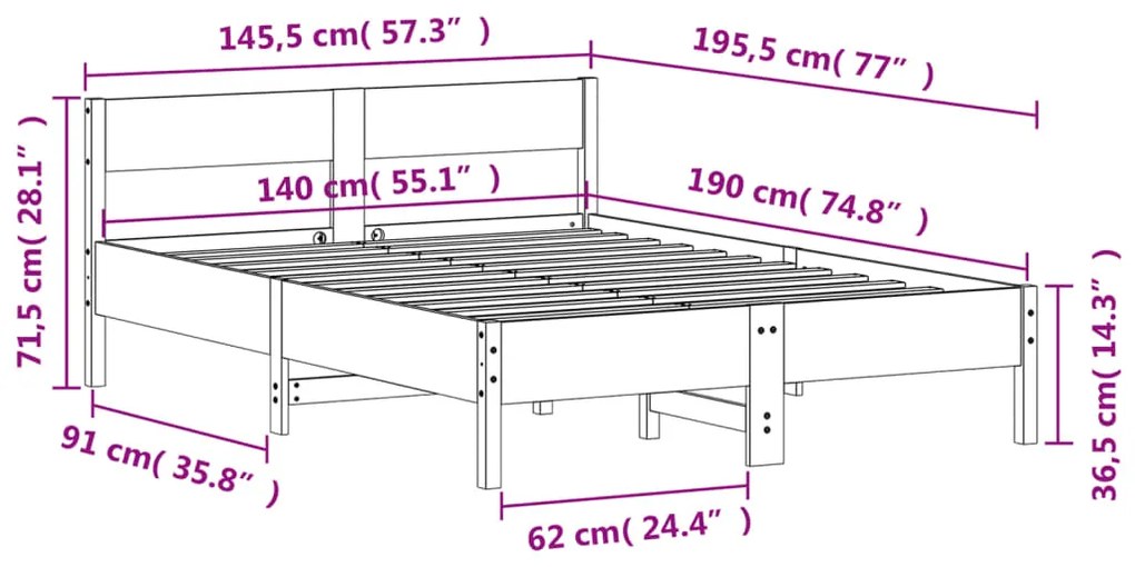 Cama sem colchão 140x190 cm madeira de pinho maciça
