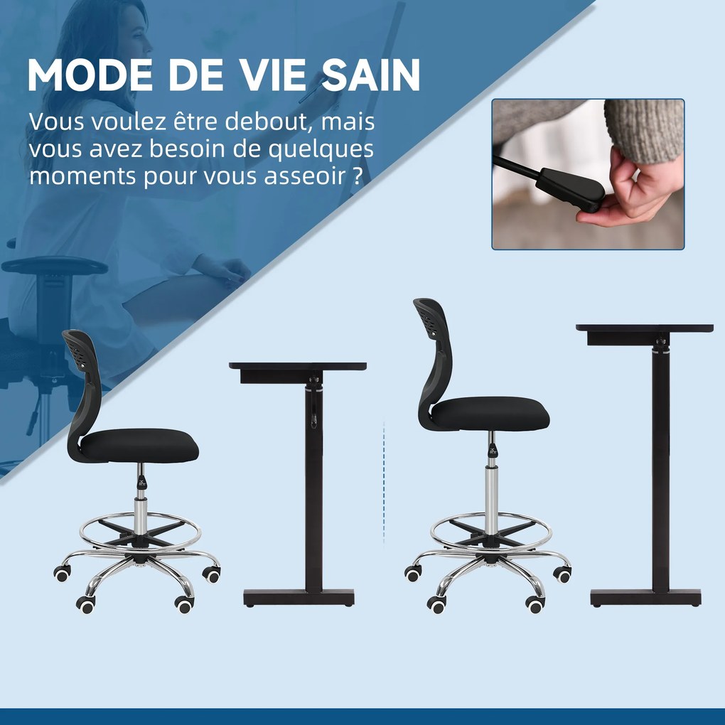 Cadeira de escritório ergonómica em malha 59 x 59 x 106-126 cm, cadeira de desenho, altura e apoio para os pés ajustáveis, preta