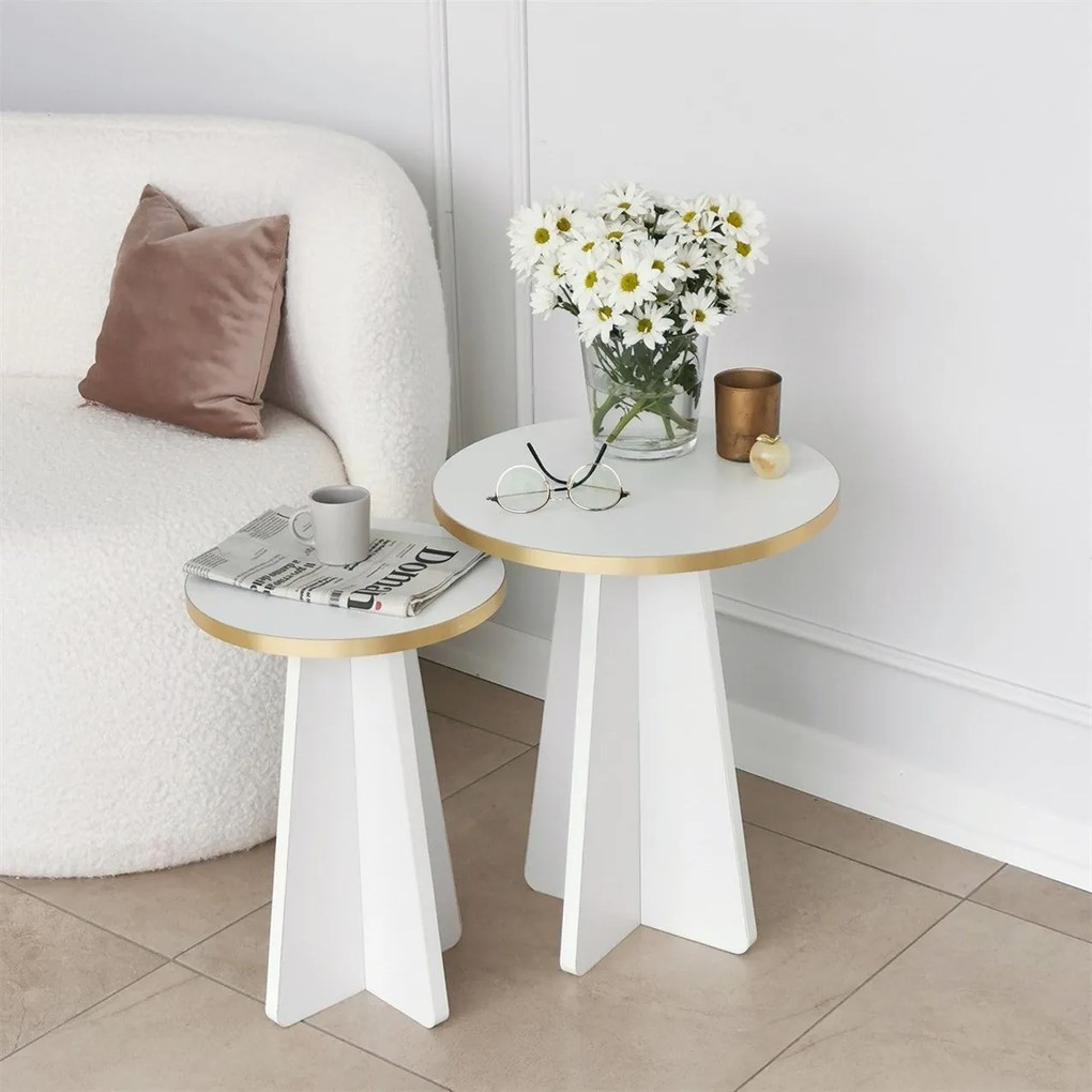 Conjunto de Mesas de Café Mushroom - Dourado e Branco - 40x50x40 cm e