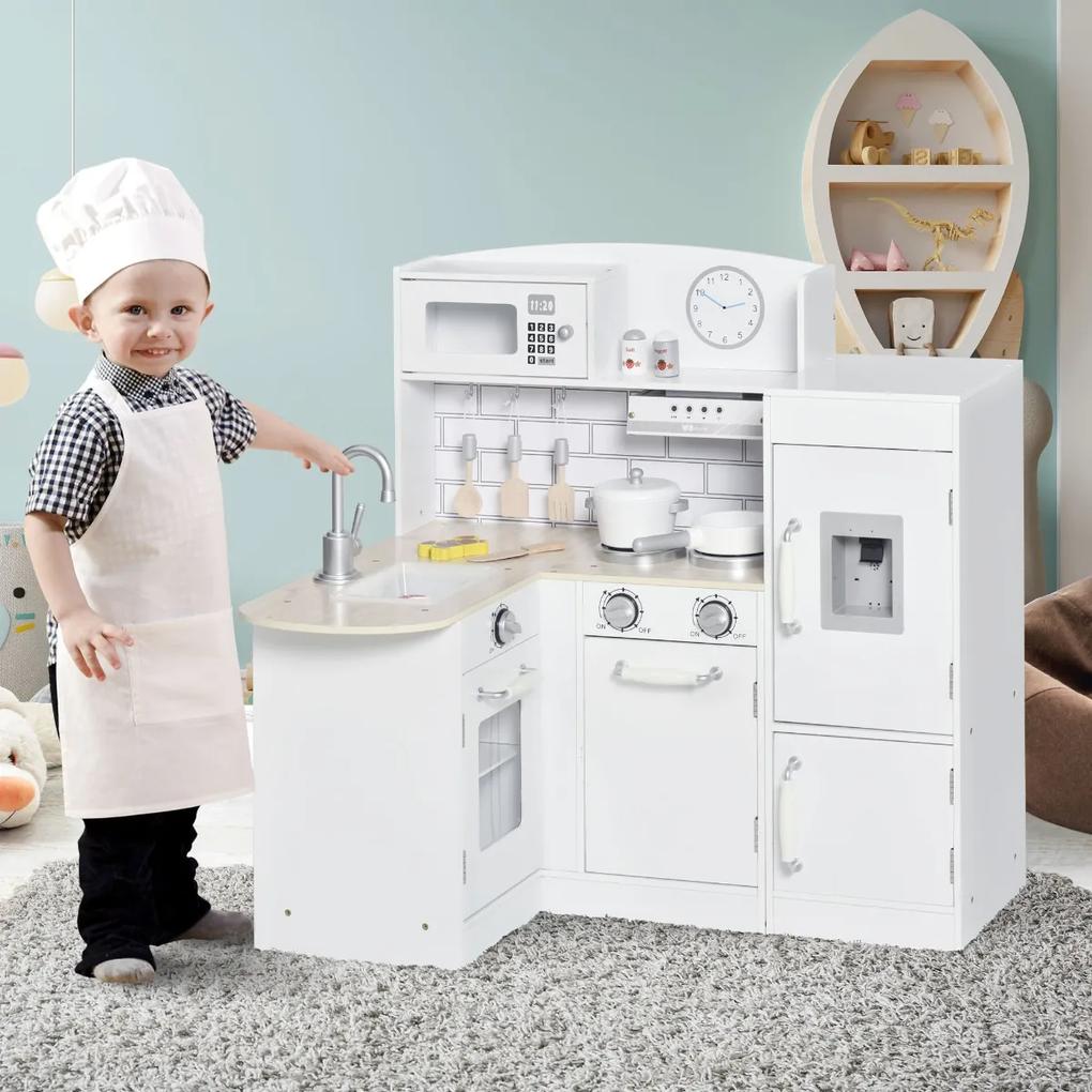 HOMCOM Cozinha de Brinquedo de Madeira para Crianças acima de 3 Anos Cozinha Infantil com Frigorífico Microondas Lavatório e 14 Acessórios 86x64x84,5cm Branco