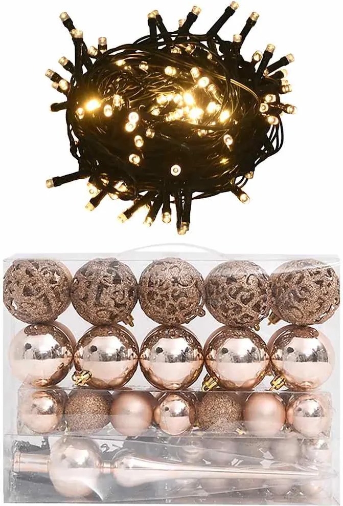 vidaXL Conj. de bolas de natal 60 pcs c/ pico e 150 LEDs rosa dourado