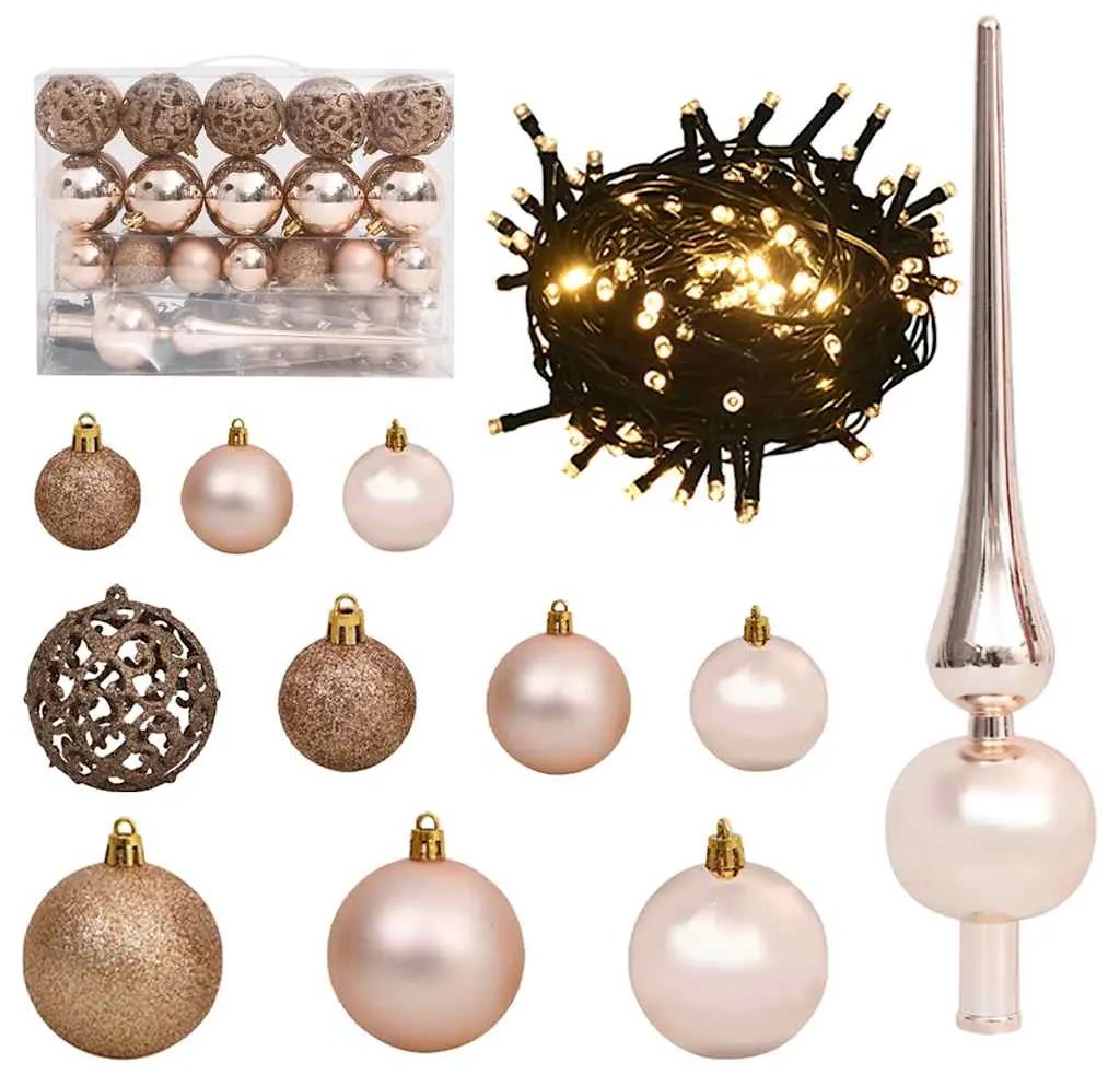 vidaXL Conj. de bolas de natal 61 pcs c/ pico e 150 LEDs rosa dourado
