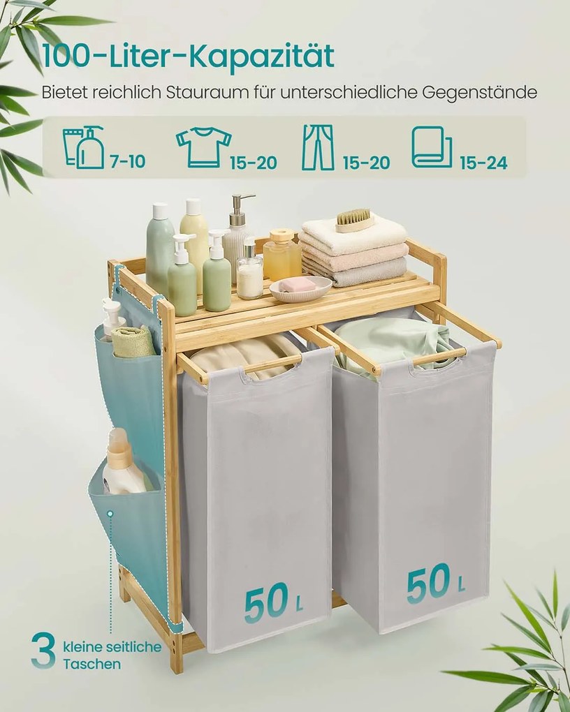 Cesto da roupa suja com 2 compartimentos 63 x 33 x 78 cm Cinzento