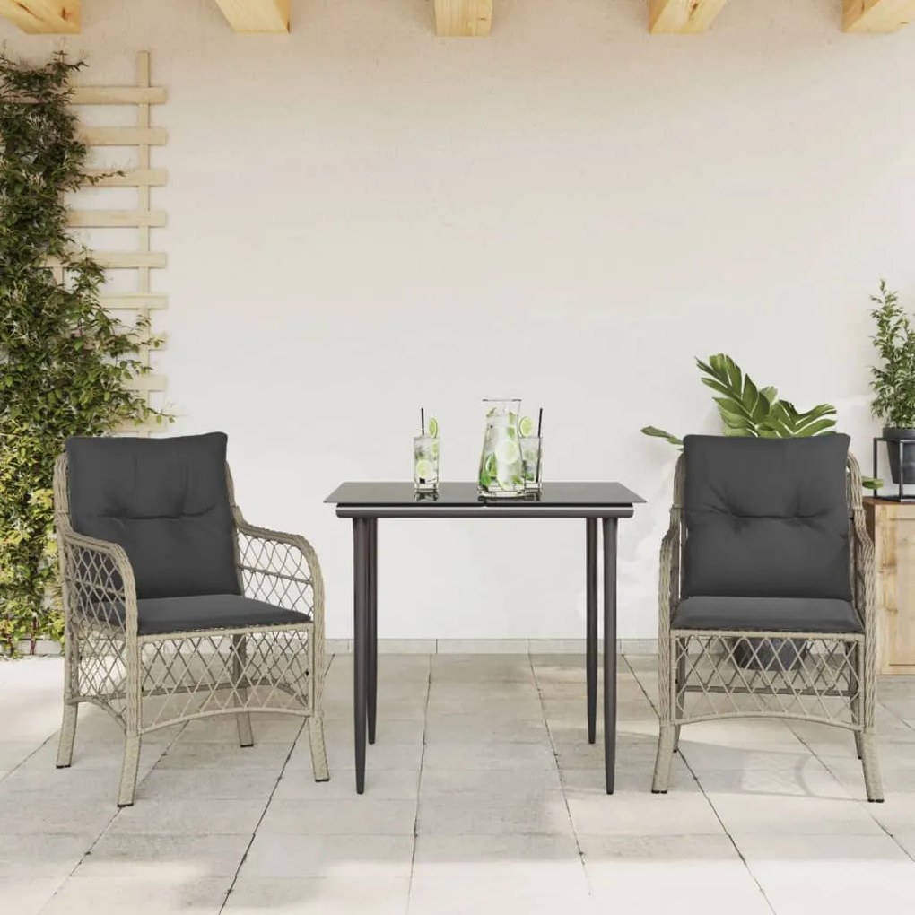 3 pcs conjunto bistrô com almofadões vime PE cinzento claro