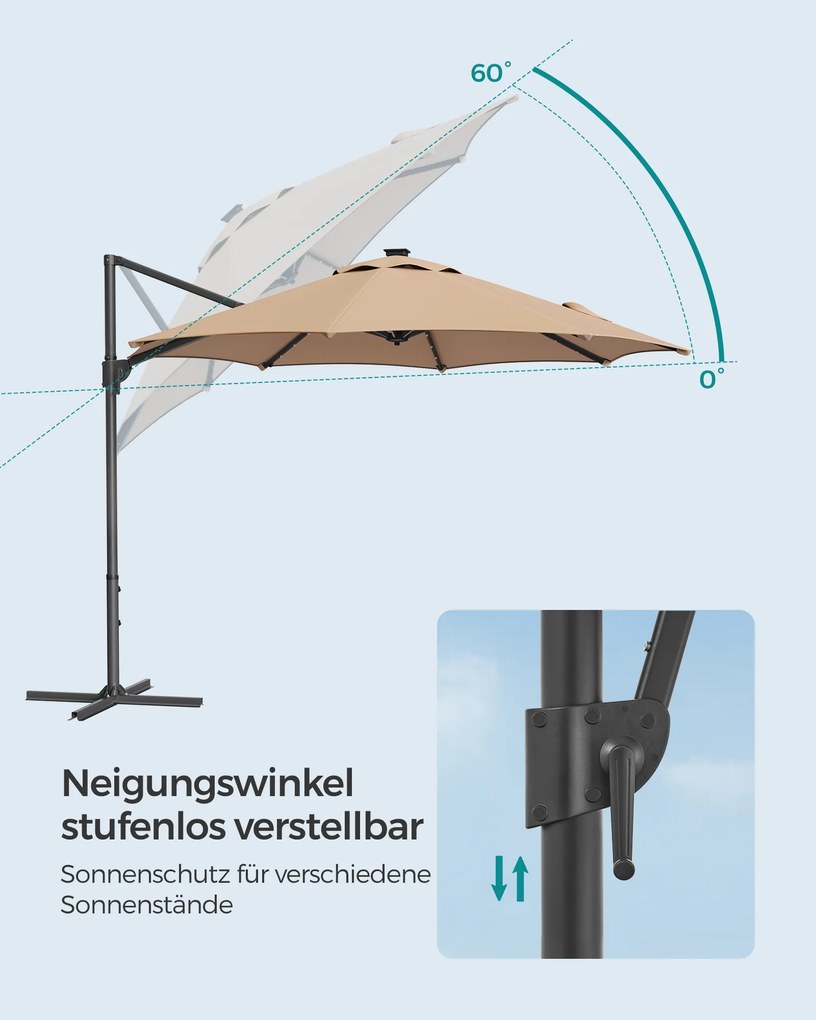 Guarda-sol jardim Ø 300 cm com luzes LED solares UPF 50+ rotativo 360º com base cruzada (SEM PESOS) Castanho Camelo