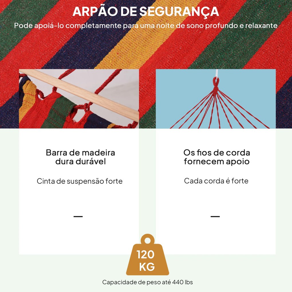 Cama Rede de Jardim 200x100 cm Rede Suspensa com Travessas de Madeira para Pátio Varanda Campismo Multicolor