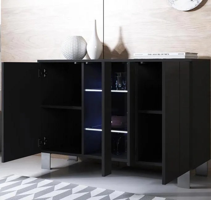 Aparador Moderno Valongo do Vouga – 120x82 cm – Preto com LED Azul e P