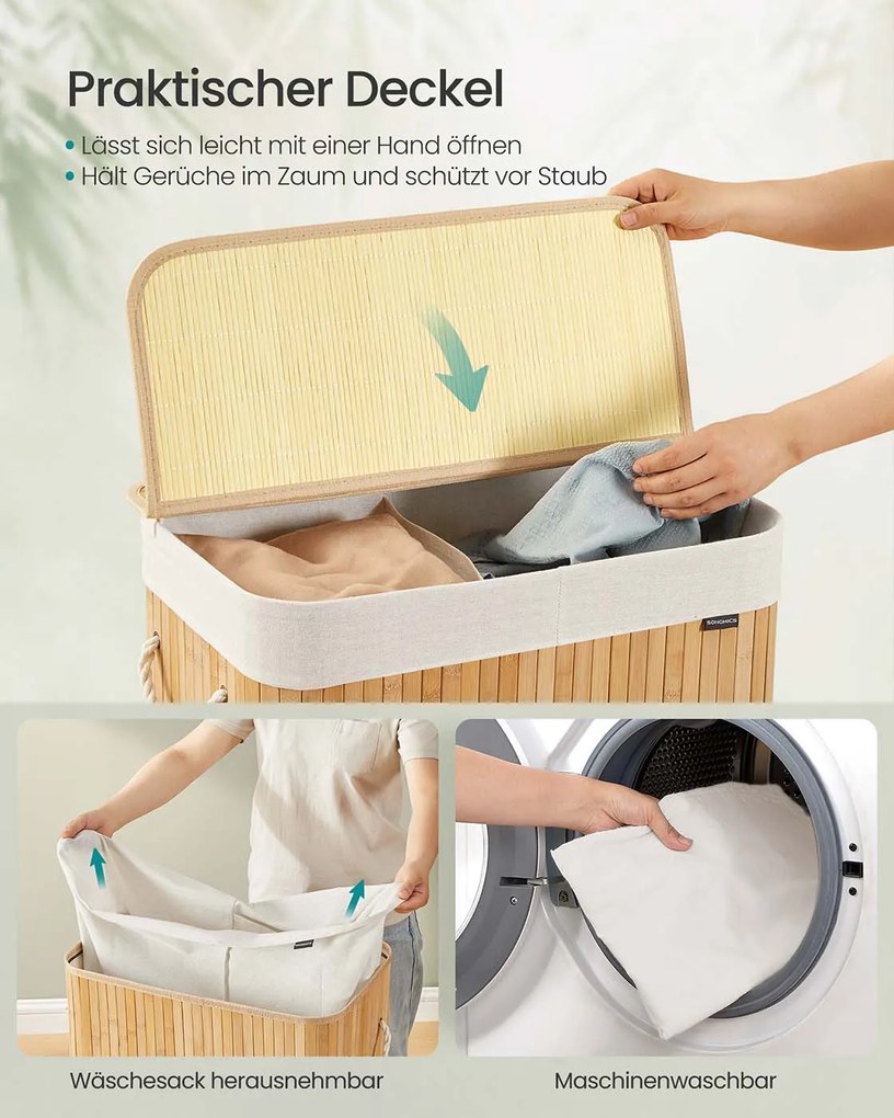 Cesto para roupa suja em bambu com 2 compartimentos 52 x 32 x 61 cm cor natural