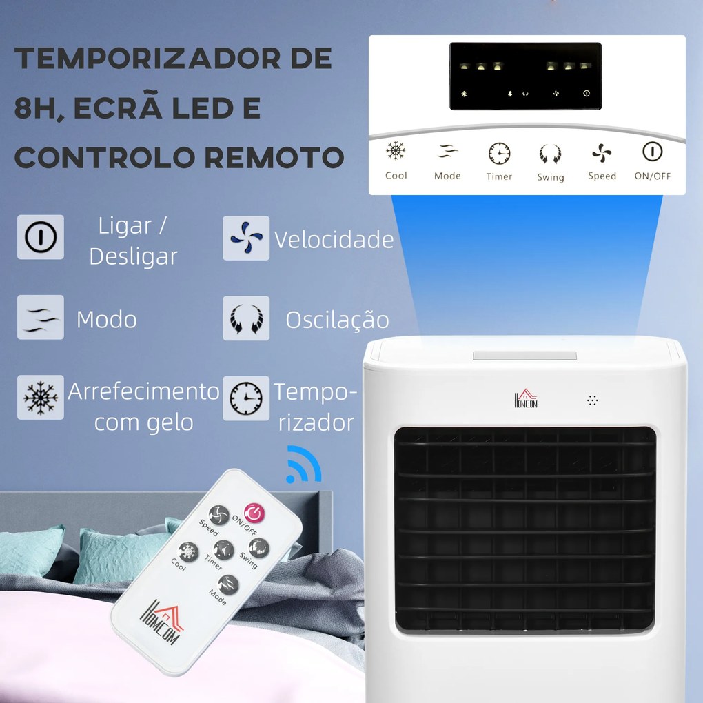 HOMCOM Climatizador de Ar Portátil Silencioso Climatizador Móvel 65W Humidificador Ventoinha com Ecrã LED Controlo Remoto Temporizador Oscilação 3 Velocidades 3 Modos 32x37x74 cm Branco