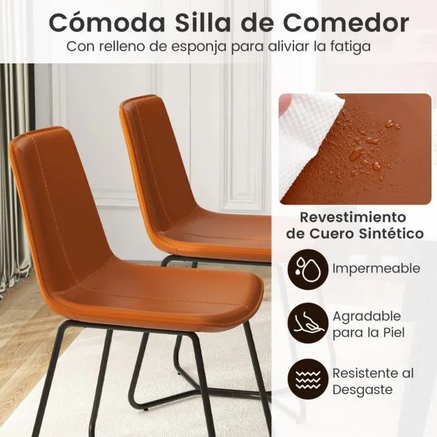 Conjunto 2 Cadeiras de Jantar com Estofos em Pele Sintética e Pernas Metálicas Costura Vintage 57 x 48 x 83 cm Castanho
