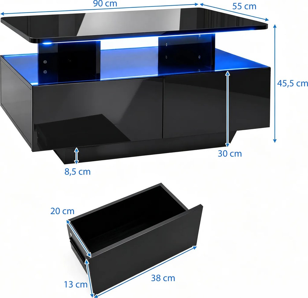 Mesa de Centro, 90 x 55 x 45,5 cm, Iluminação LED Regulável, Preto