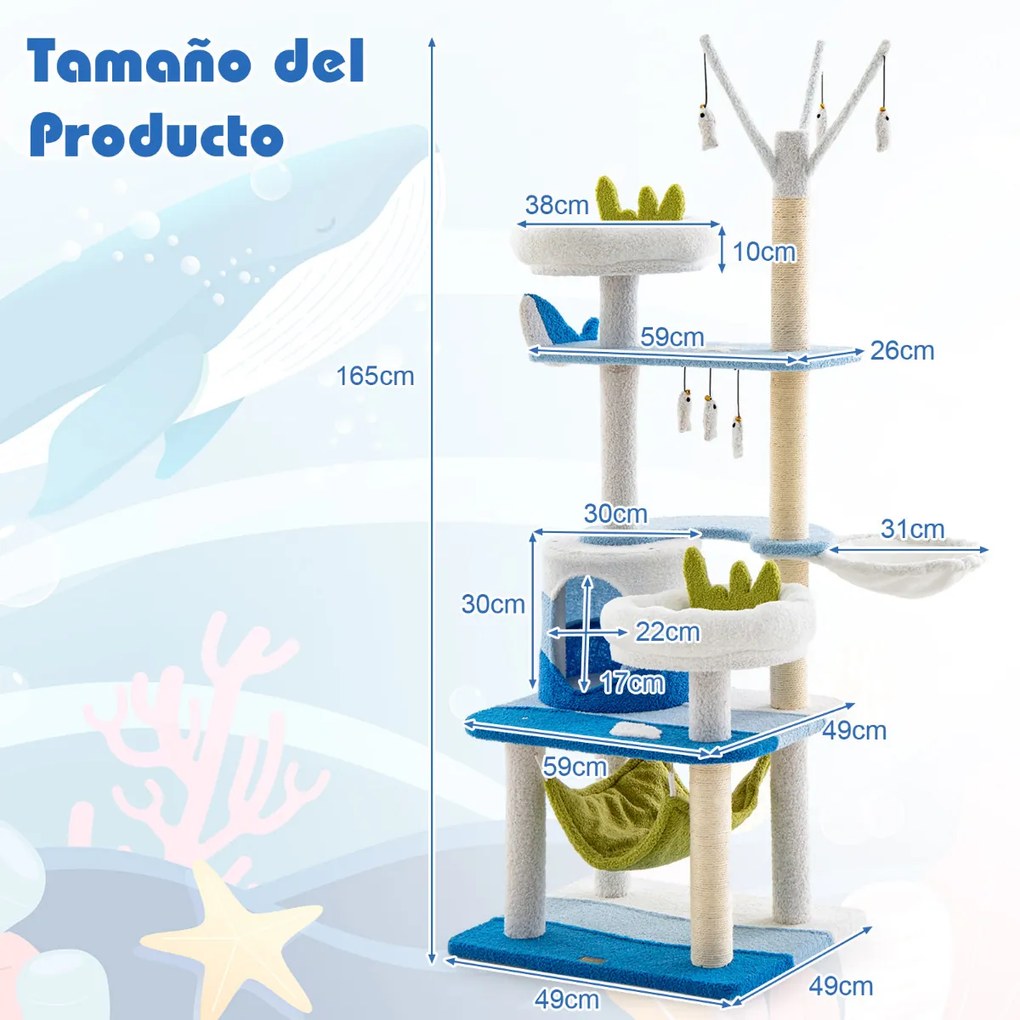 Arranhador para gatos com tema do oceano Torre para gatos de 165 cm com vários níveis e plataforma de arranhar para gatos em sisal Plataforma de arran