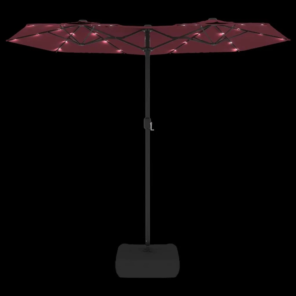 Guarda-sol de jardim c/ cabeça dupla/luzes LED 316x145 cm bordô