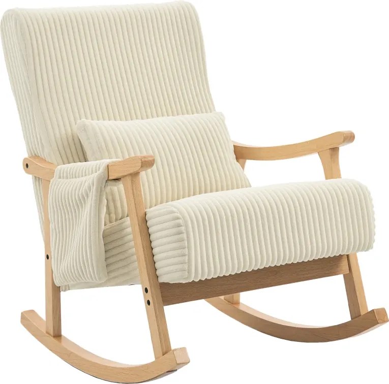 Cadeira Baloiço Moderna em Veludo Cotelê com Apoio para os Braços Almofada Lombar e Bolso Poltrona de Amamentação 65x90x98 cm Bege