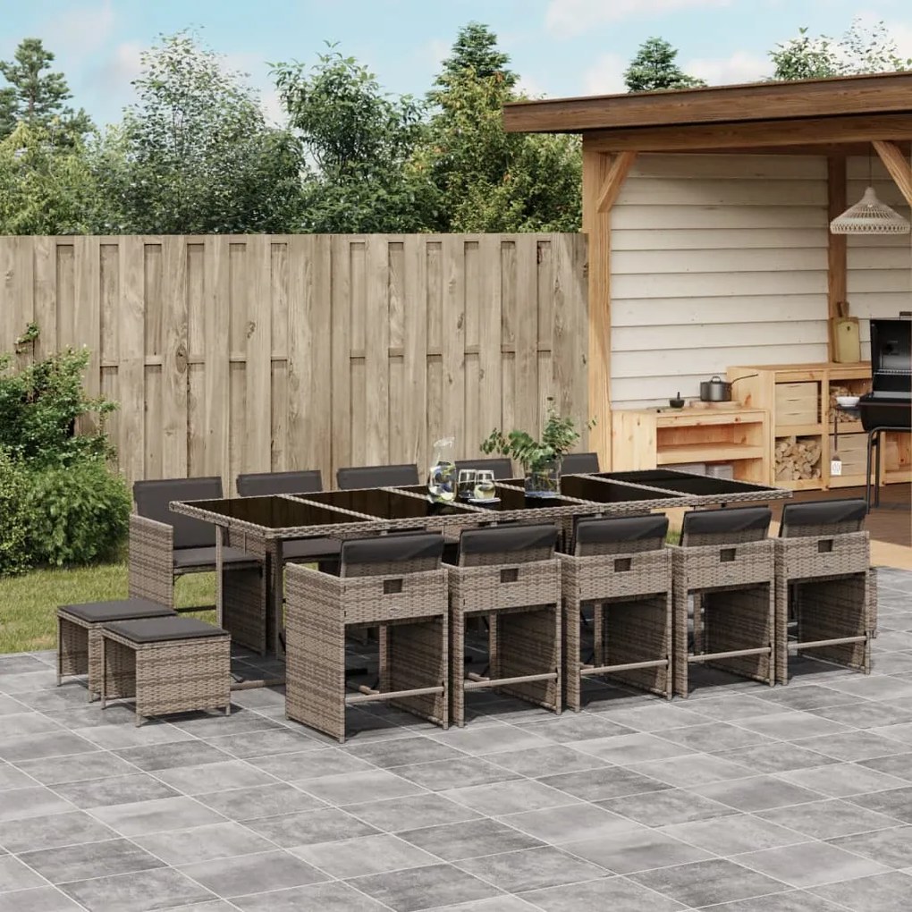 vidaXL 15 pcs conjunto jantar p/ jardim c/ almofadões vime PE cinzento