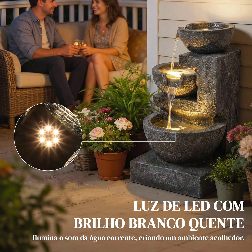 Fonte de Jardim com Iluminação LED e Bomba Cascata Decorativa de 3 Níveis 40x37x61 cm Multicolor