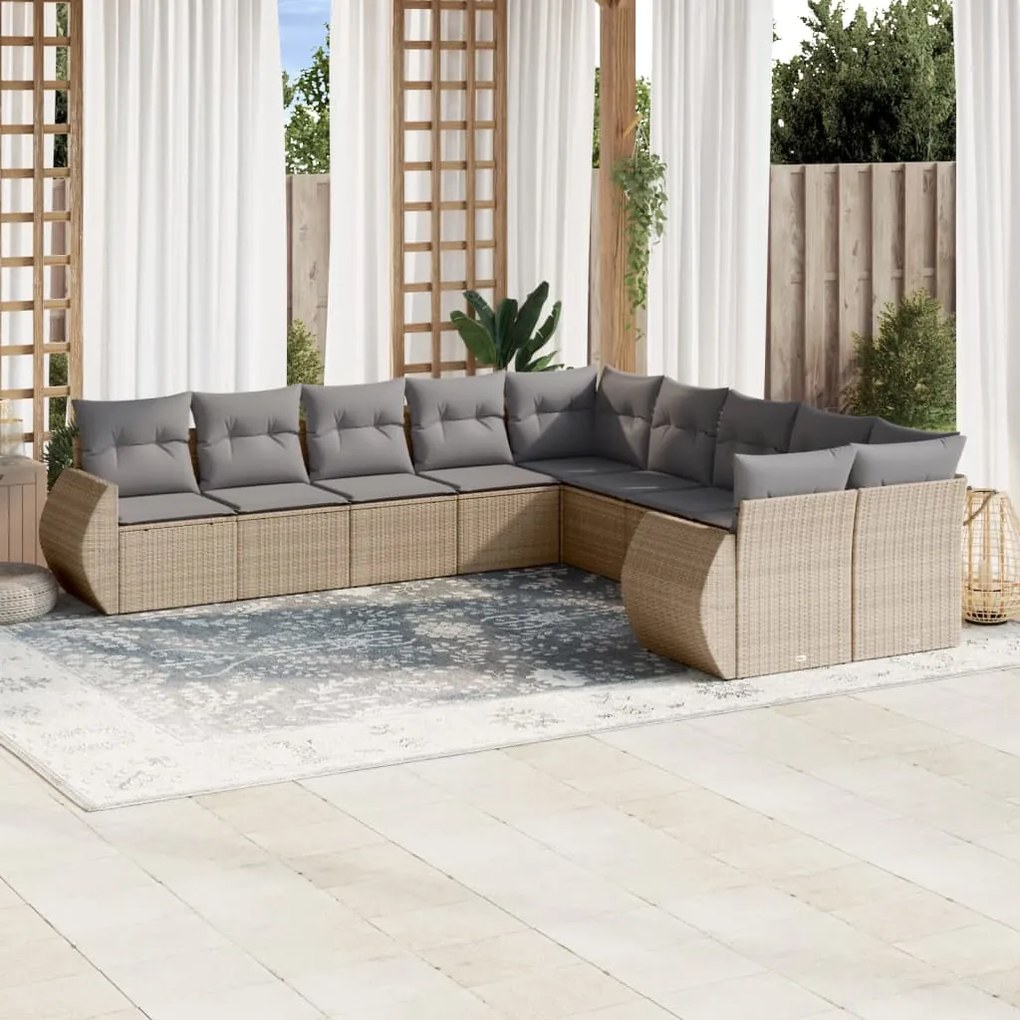 10 pcs conjunto de sofás p/ jardim com almofadões vime PE bege