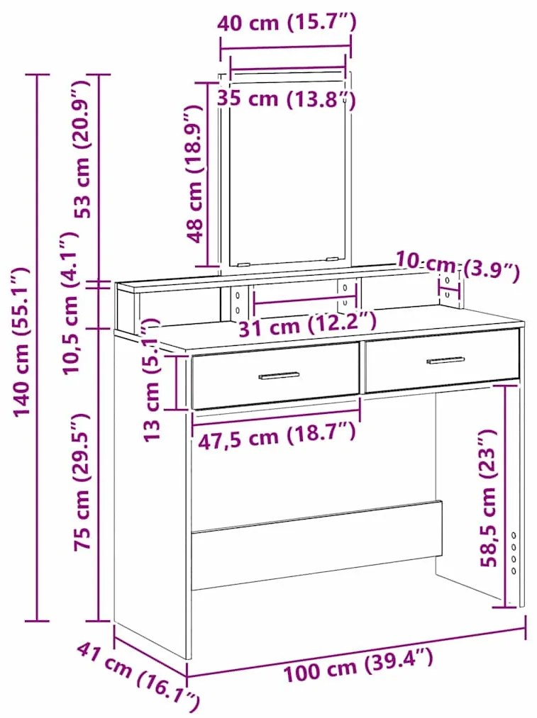 Mesa de Maquiagem vidaXL com Gavetas Madeira Antiga 100x41x140 cm