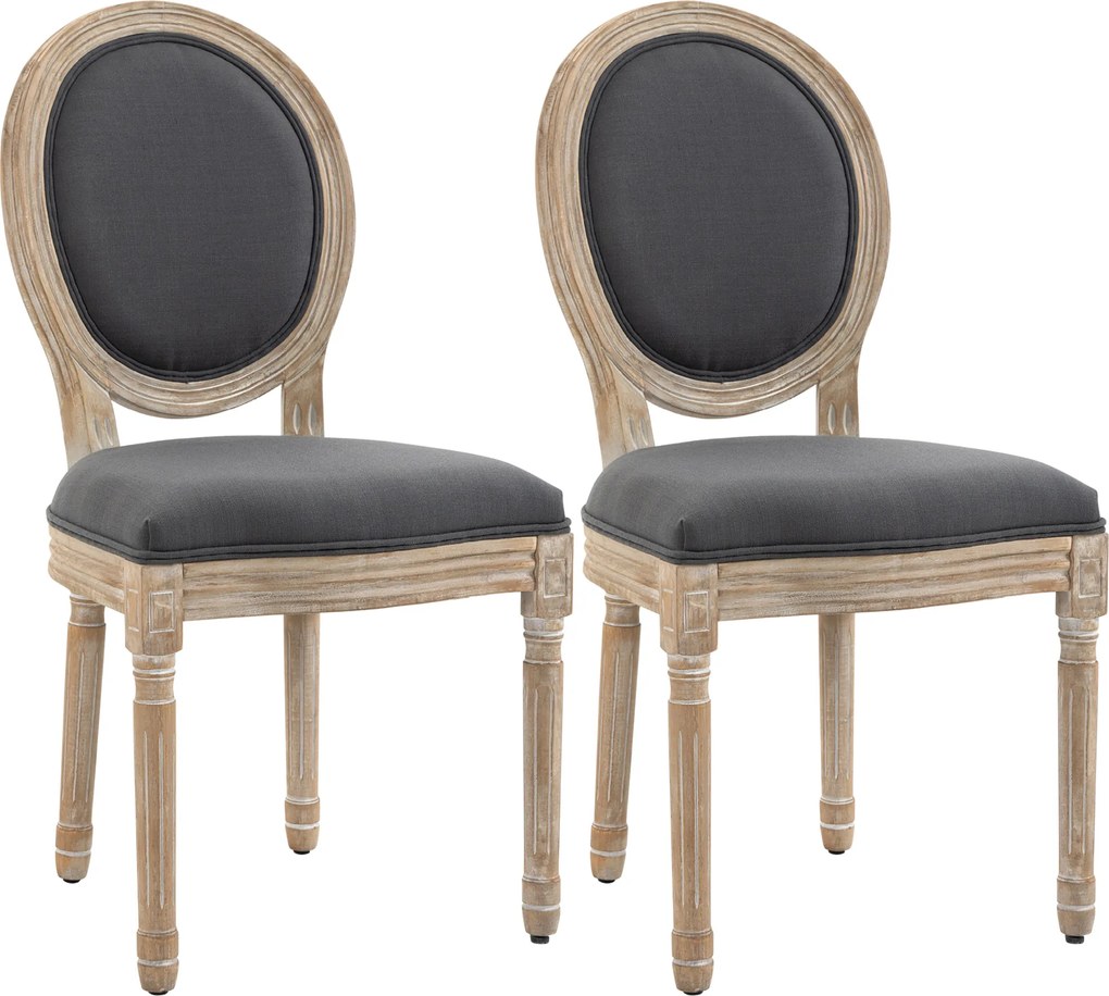 HOMCOM Conjunto de 2 Cadeiras de Sala de Jantar, Cadeiras Medalhão Estilo Louis XVI, Assento e Encosto Estofados em Tecido Efeito Linho, Cinza | Aosom Portugal