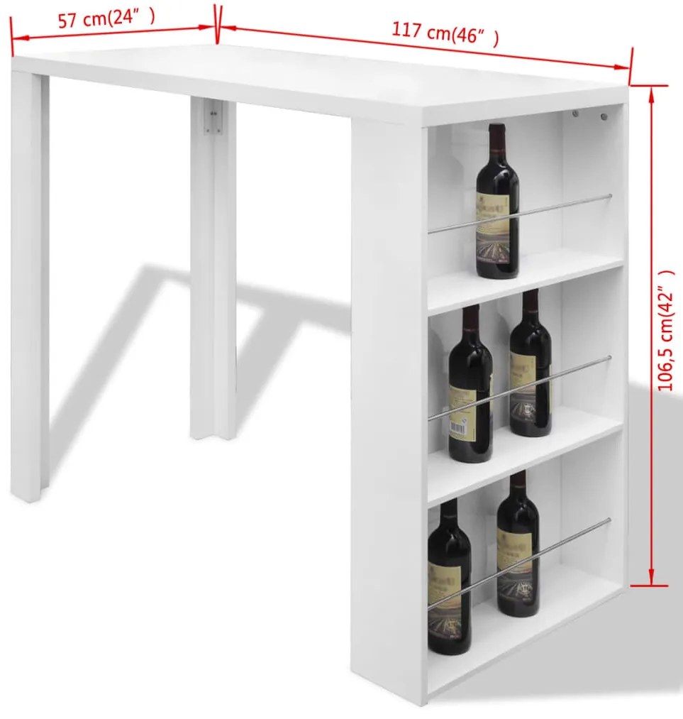 Mesa de bar em MDF com garrafeira, branco brilhante