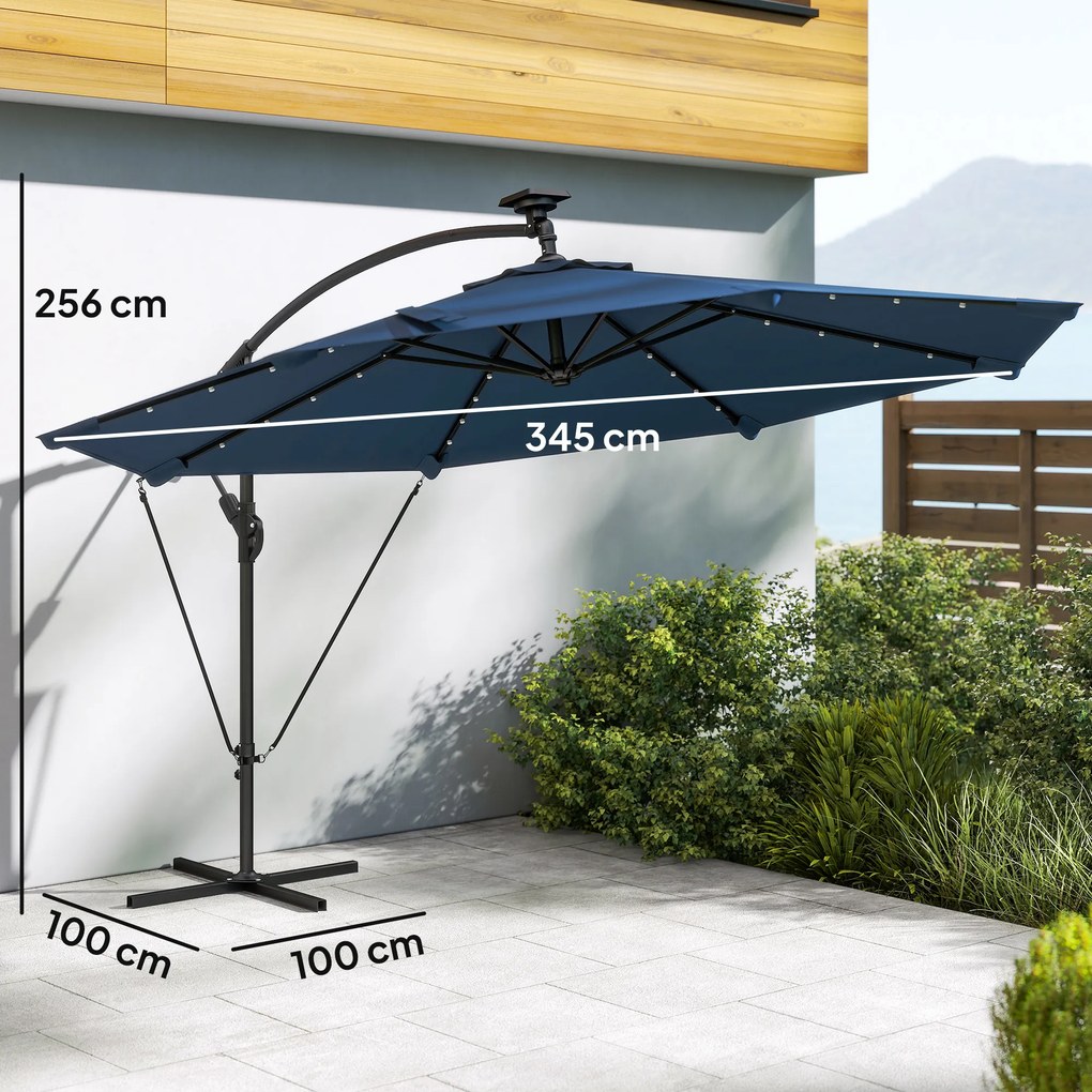 Chapéu de Sol Excêntrico com Luzes LED Solares Ø345 cm Base Cruzada Manivela Capa Protetora Azul