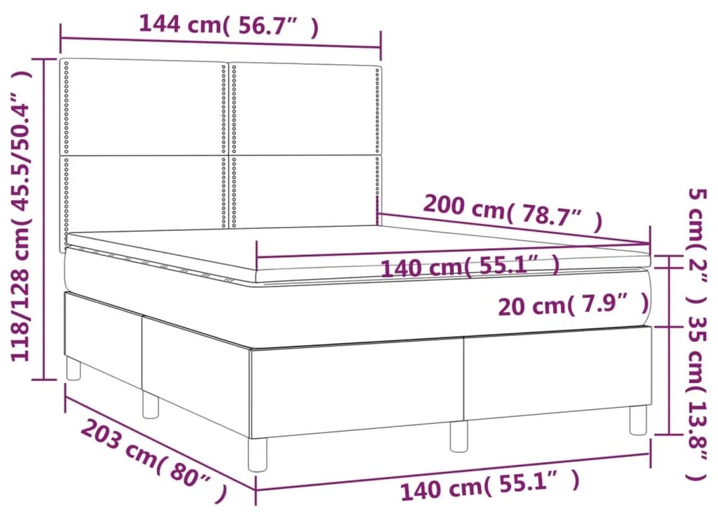 Cama box spring c/ colchão/LED 140x200cm tecido castanho-escuro