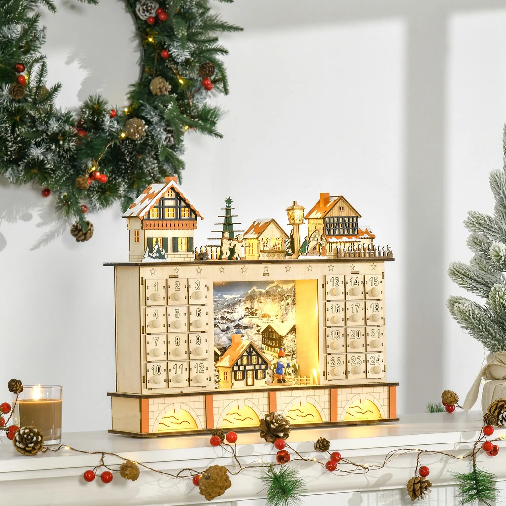 HOMCOM Calendário de Advento Calendário de Advento de Madeira com Luzes e 24 Gavetas de Contagem Regressiva Decoração de Natal 44x10x37 cm Madeira