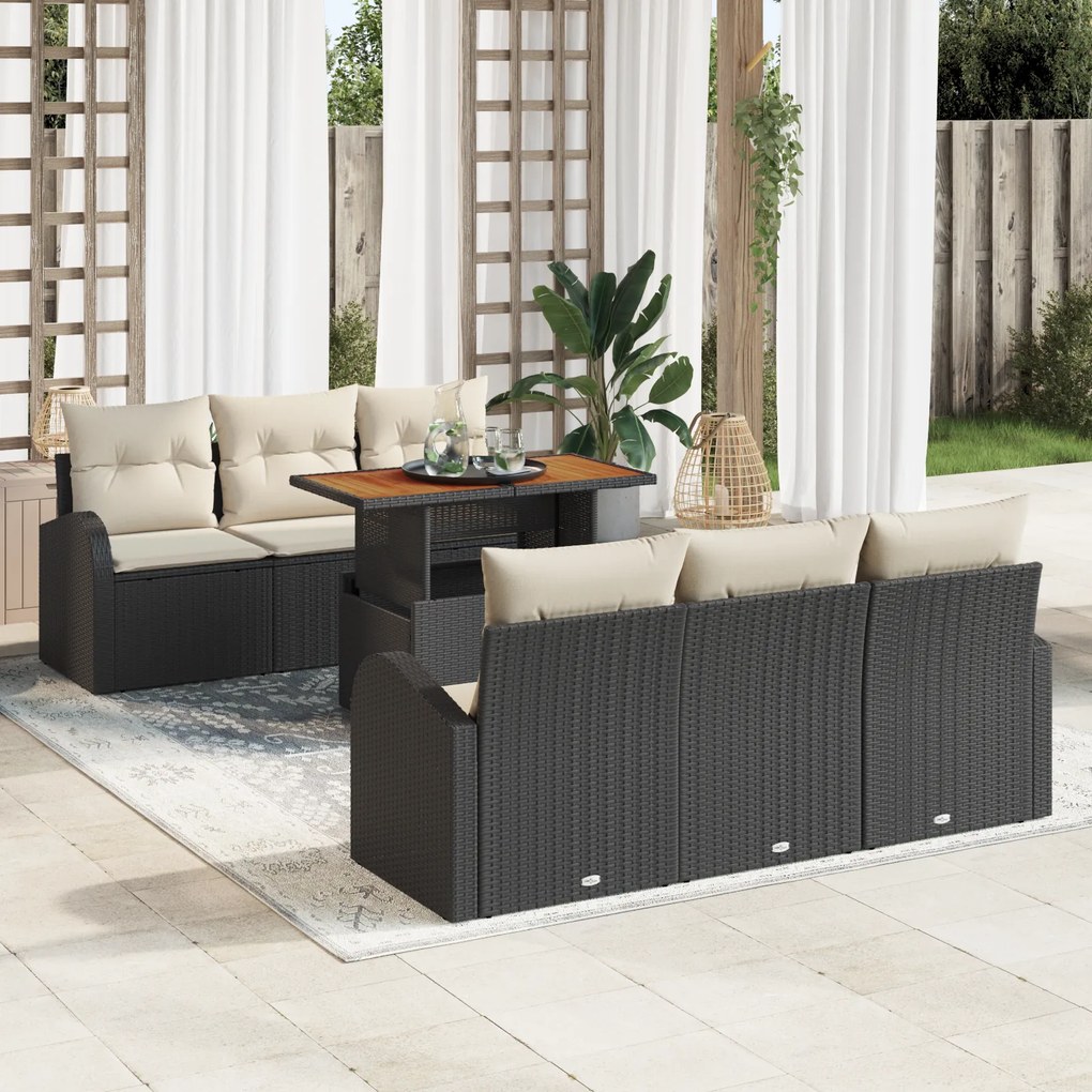 Conjunto de Sofá de Jardim vidaXL de 7 Peças com Almofadas Preto Ratta