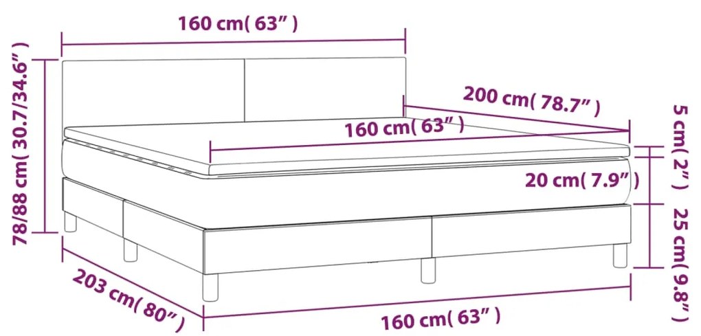 Cama box spring c/ colchão e LED 160x200 cm tecido azul