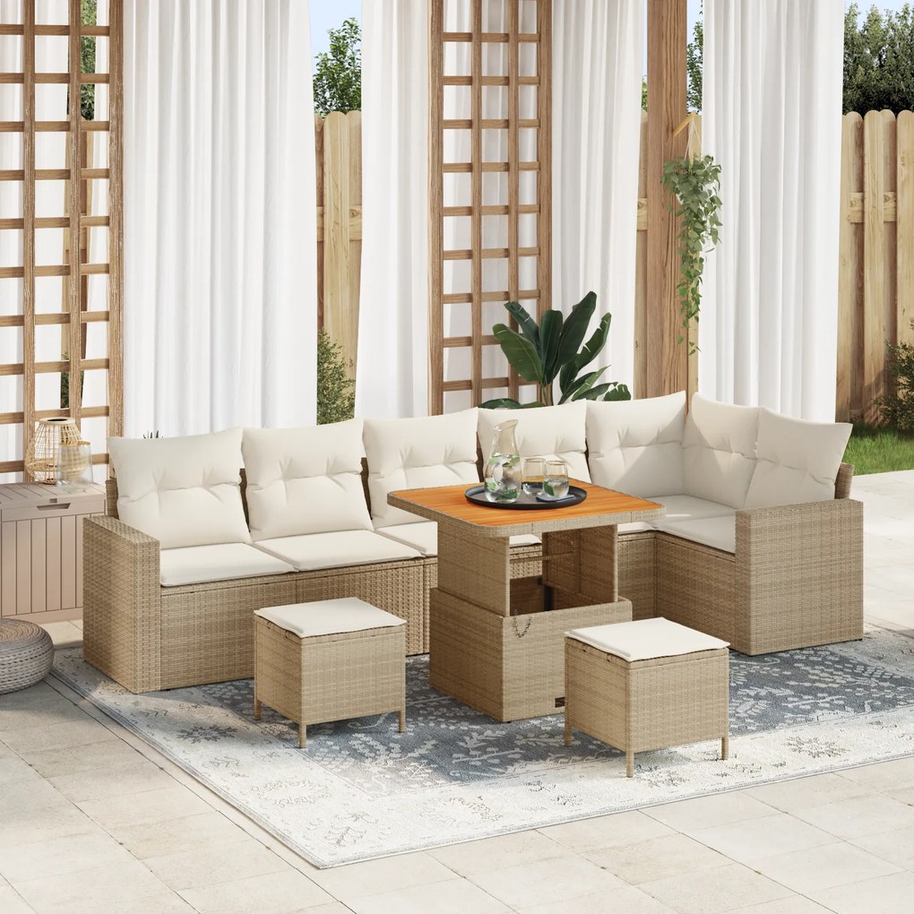 Conjunto de Sofá de Jardim vidaXL 9 Peças com Almofadas Bege Rattan Ac
