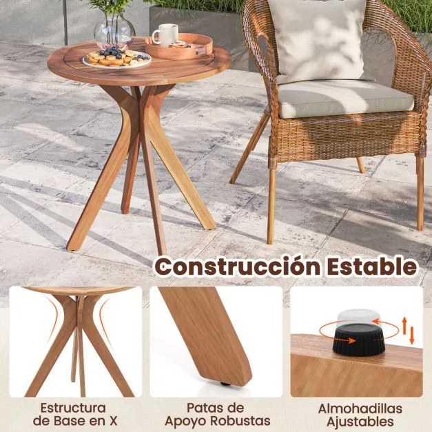 Mesa jardim para exterior redonda Madeira de Acácia com tampo ranhurado e base em forma de X  70cm Natural