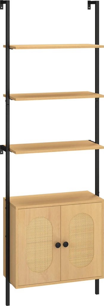 Estante de parede 60 x 30 x 184 cm 3 níveis com armário de rattan, forma de escada para montagem na parede Natural e preto