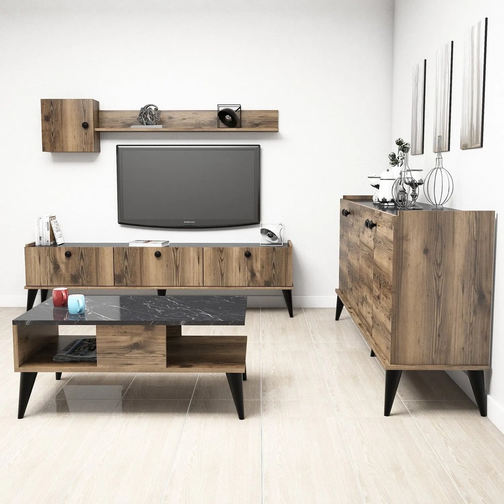 **** Conjunto de Mobiliário de Sala Lidya – Nogueira e Mármore – Diver