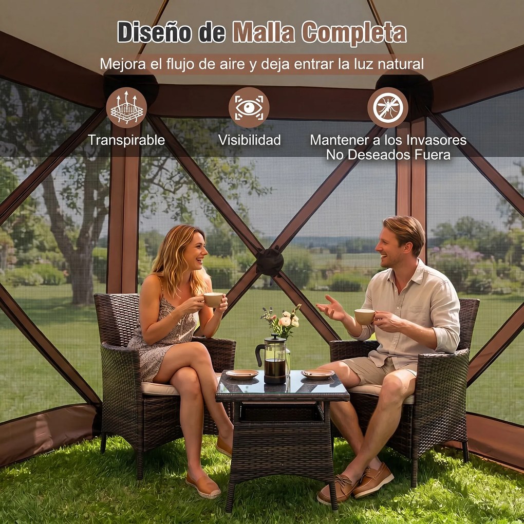 Tenda de Jardim Hexagonal Dobrável, 300 x 258 x 230 cm, Montagem Rápida, Castanho