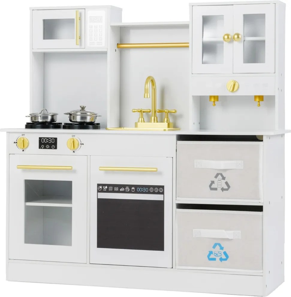 Cozinha Brincar para crianças em madeira com fogão com luz e som Cafeteira Torneira e utensílios de cozinha Branco