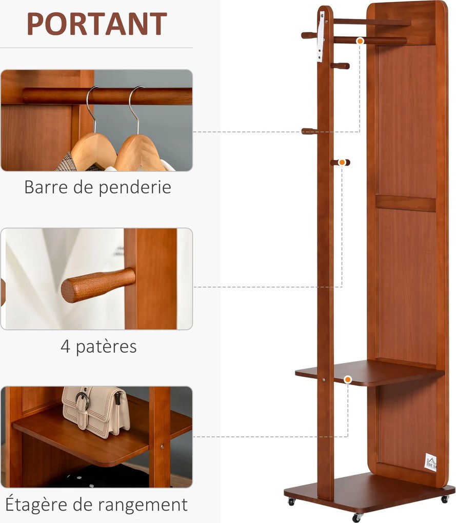 Espelho de pé com rodas 40 (L) x 44,5 (P) x 170 (A) cm com Cabide 4 ganchos e prateleira em MDF com acabamento em cor nogueira