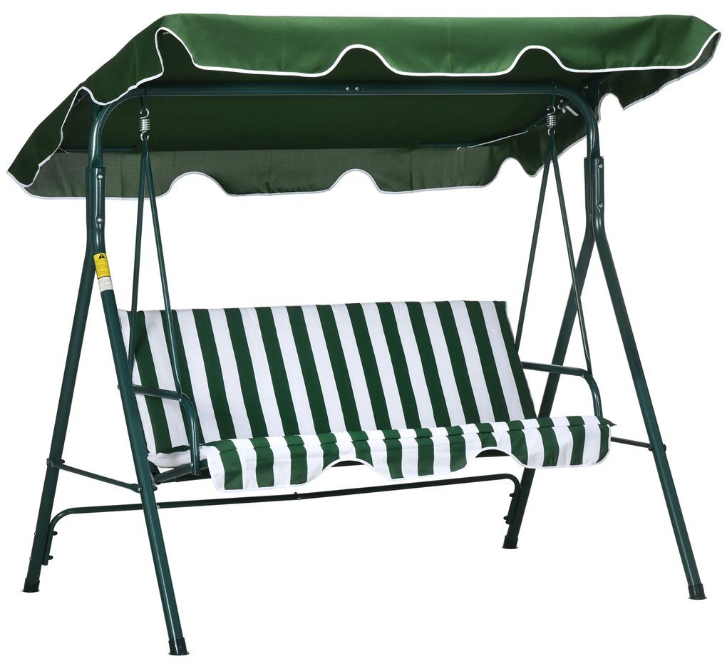 Outsunny Baloiço de Jardim de 3 Lugares com Almofada Toldo Ajustável e Estrutura de Metal 172x110x153cm Verde e Branco