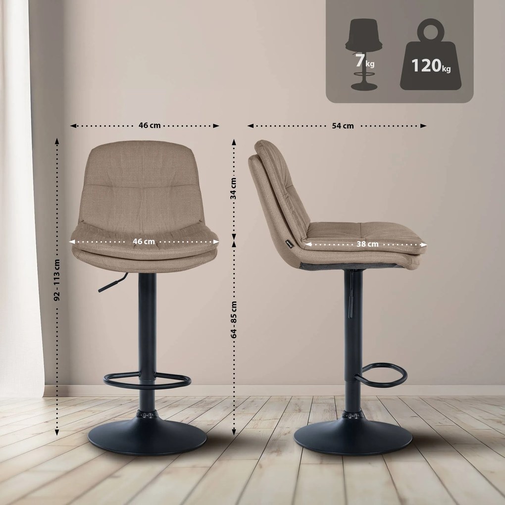 Banco de bar em tecido com estrutura preta 92-113 x 46 x 54 cm castanho acizentado